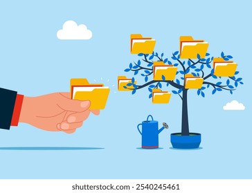 Arrange online data, paperwork concept, file management. Hand businessman picking folder from tree. Vector illustration