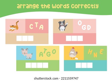 Arrange the words correctly. Colorful printable worksheet for children. Writing practice. Vector file.