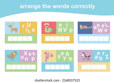 Arrange the words correctly. Worksheet for preschool. Writing practice. Vector file.