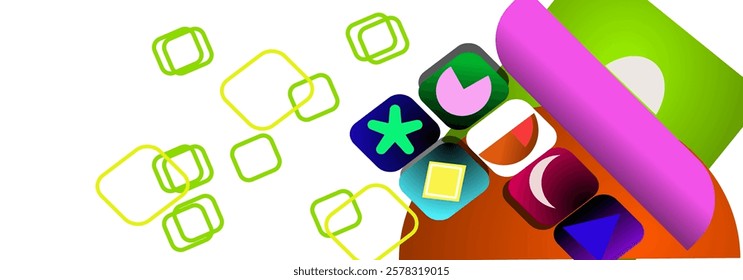 A arranged on a clean white background. The icons feature a variety of colors and designs, creating a visually appealing composition. Perfect for showcasing app design, mobile technology.