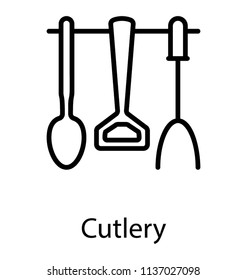 An arranged set of kitchen utensils in a row depicting cutlery 