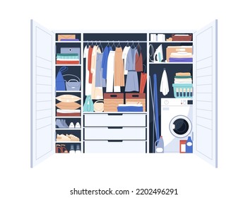 Arranged wardrobe with women clothes, washing machine. Ordered storage of stuff, shoes, wearing in closet. Cupboard with racks, hangers, drawers. Flat vector illustration isolated on white background