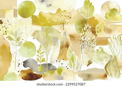Arrangement abstract pattern with painted doodle circles, tree, flowers, leaves.  Vector green abstraction watercolor art background. Floral pattern. Fashion trendy arrangements with abstract shapes.
