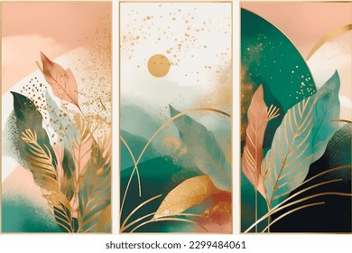 Arrangement abstract tropical panel pattern with exotic flowers, leaves.  Vector modern leafy watercolor background. Floral pattern. Fashion trendy abstract arrangements with tropical green plants.