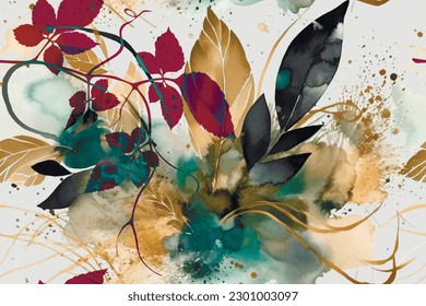 Arrangement abstract watercolor pattern with flowers, leaves. Vector modern tropical spotty dirty background. Floral leafy panel pattern. Fashion trendy abstract colorful arrangements. Grunge texture.
