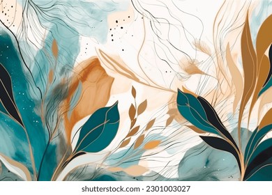 Arrangement abstract watercolor pattern with line art branches, leaves.  Vector modern tropical background. Floral leafy pattern. Fashion trendy abstract arrangements with tropical lines plants, leaf.