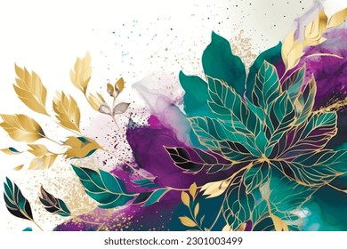 Arrangement abstract watercolor pattern with line art flowers, leaves. Vector modern tropical background. Floral leafy pattern. Fashion trendy abstract colorful arrangements with gold glitters, spray.