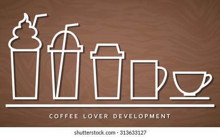 Arrangement of all type of coffee cup in white linear logo style on wood texture background.(EPS10 art vector)
