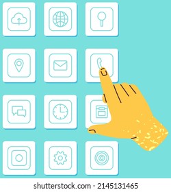 Anordnung der angezeigten Anwendungen. Smartphone-Home-Screen-Schnittstelle mit Programm-Icons. Person klickt auf App-Zeichen auf dem Bildschirm. Installierte Programme des modernen Telefons, Design der Digitaltechnik