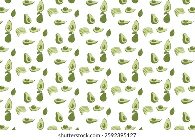 Arrangement of avocado paterns with cuts and leaves along with avocado seeds