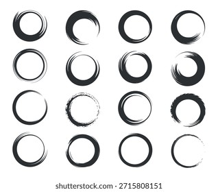 Eine Anordnung von schwarzen kreisförmigen Pinselstrichen schafft ein visuell eindrucksvolles und minimalistisches abstraktes Design.