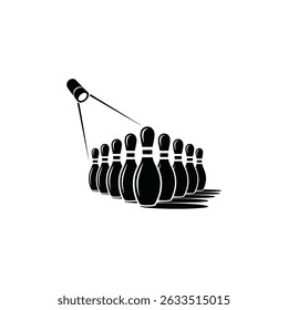 Arrangement of bowling pins on a transparent backdrop lit by a spotlight, presented as a black silhouette for impactful design use.