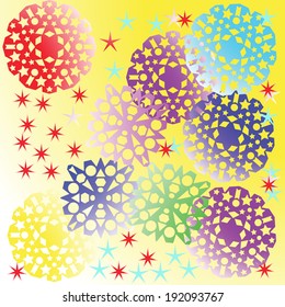 Arrangement of colored snowflakes on a light gradient background.