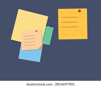 Arrangement of colorful sticky notes, some with lines and pins, on a dark blue background, ample copy space.