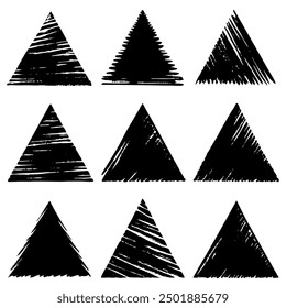 An arrangement consisting of various black triangles on a white background