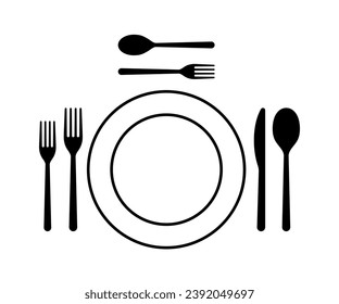 Arrangement of cutlery in table etiquette sign. Plate, fork, spoon and knife for food icon. Dish on table. Ready to eat. Tableware sign for menu cafe or restaurant. Vector illustration