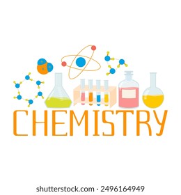 Diseño de arreglos con lecciones de química, ilustraciones y letras. Laboratorio escolar y Elementos científicos: tubos de ensayo, quemador de bunsen, microscopio, moléculas, átomos