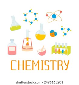 Diseño de arreglos con lecciones de química, ilustraciones y letras. Laboratorio escolar y Elementos científicos: tubos de ensayo, quemador de bunsen, microscopio, moléculas, átomos