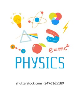 Diseño de arreglos con lecciones de física, ilustraciones y letras. Laboratorio escolar y Elementos de ciencia: imán, átomos, Elementos, espectro, luz, fórmula, bombilla, radiación, moléculas