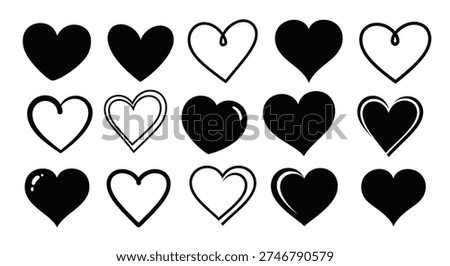 Arrangement of diverse heart designs, notable for their distinct black silhouette style.