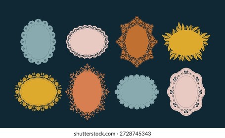 Arreglo de elegantes marcos de encaje ornamentales Plantillas de diferentes colores y bordes de filigrana vintage. Fondos barrocos florecen con bordes decorativos y espacio de copia vacío Ilustración vectorial