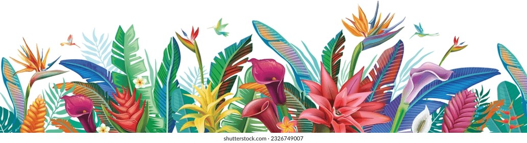 Arrangement with exotic tropical flowers and plants 