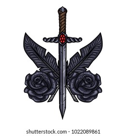 The arrangement of feathers, roses and dagger