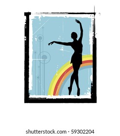 Arrangement with the female silhouette. A woman dances with arms raised. In the background is a rainbow.