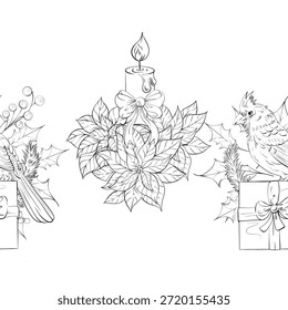 Arrangement of Festive Decorations Featuring Candle Winter Birds and Holly Plants in Seamless Pattern Design for Seasonal Backgrounds and Borders