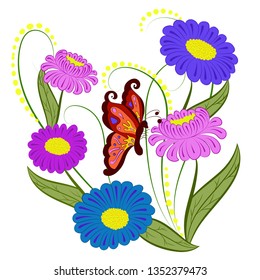 Arrangement of five colorful flowers and butterflies on a white background