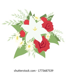 Arrangement of flowers Lily, Roses daisies and small red flowers isolated on white background