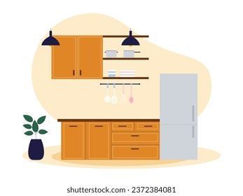 Arrangement of furniture in the kitchen with a modern concept, hanging lamp, shelf for placing cooking utensils, pantry next to the refrigerator, interior vector illustration.