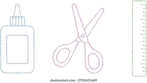 Uma disposição de uma tesoura de garrafa de cola e uma régua mostrada como desenhos de linha arrumada