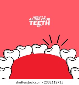 Arrangement of healthy teeth with one of the teeth tilted in the mouth, with bold text on dark pink background to commemorate National Align Your Teeth Day on August 11