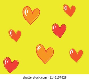 Arrangement of hearts on yellow background, pattern