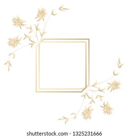 Arrangement of herbs and flowers. Rectangular art frame for text. Hand drawing in golden gradient colors. For packaging, paper, design, stickers.