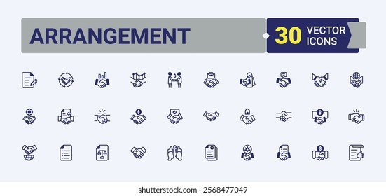 Arrangement icons set. Includes thin line people, leader, meeting, man, hand. Set of line pictogram. Solid line editable stroke. Vector line and solid icons.