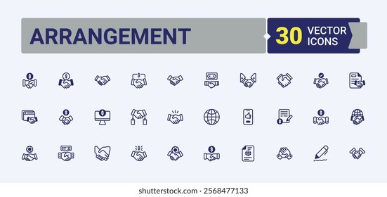 Arrangement icons set. Includes thin line people, leader, meeting, man, hand. Set of line pictogram. Solid line editable stroke. Vector line and solid icons.