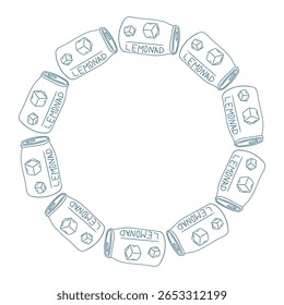 Arrangement of lemonade cans with ice cubes in a circular pattern on a white background at an artistic display