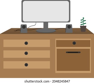 The arrangement is like having a small flowerpot with a TV set and two speakers on the table.