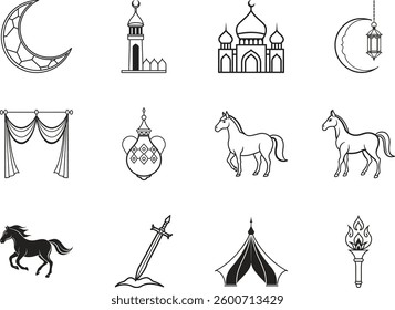 An arrangement of line art icons evokes the themes of Arabian Nights. Featured are crescent moons, ornate mosques and minarets, graceful horses, a Bedouin tent, an antique sword, a decorative lamp