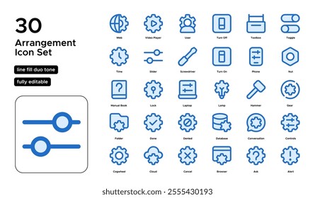 Arrangement Line Fill Duo Tone Icon Set: Layouts, Organizing, and Structural Setup Icons