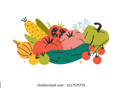 Arrangement of organic vegetables, group of vector hand drawn various kinds of veggies. Harvest products isolated on white background. Modern flat cartoon style. Good for farming fair.