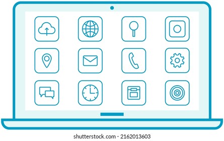 Disposición de los accesos rápidos del programa en pantalla. Pantalla principal del equipo, interfaz de escritorio con iconos. Programas instalados de diseño de dispositivos modernos, tecnología digital. Sistema operativo y aplicaciones de PC