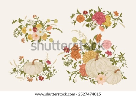 Arrangement with pumpkins and flowers. Vector botanical illustration. Colorful.
