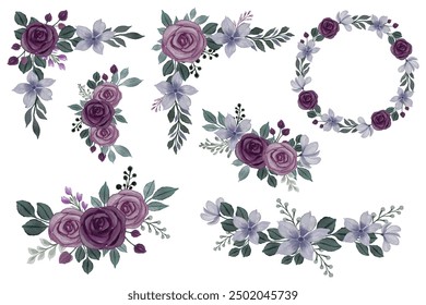 arrangement of purple rose watercolor frame for weddding invitation