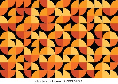 Organização de peças de círculo quarto em vermelho, laranja e amarelo cores no fundo preto. Fundo abstrato do padrão geométrico.