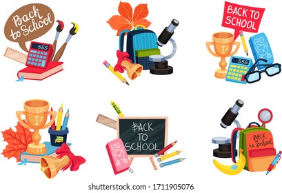 Arrangement of School Supplies with School Bag and Calculator Vector Set