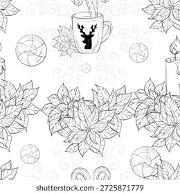 Arreglo de patrón sin fisuras con una taza de ciervos deja bolas y velas en un acogedor tema de invierno para decoraciones y artesanías