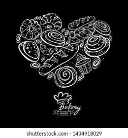 Arrangement in the shape of a heart from painted bread. Vector illustration for bakery shops on white background.